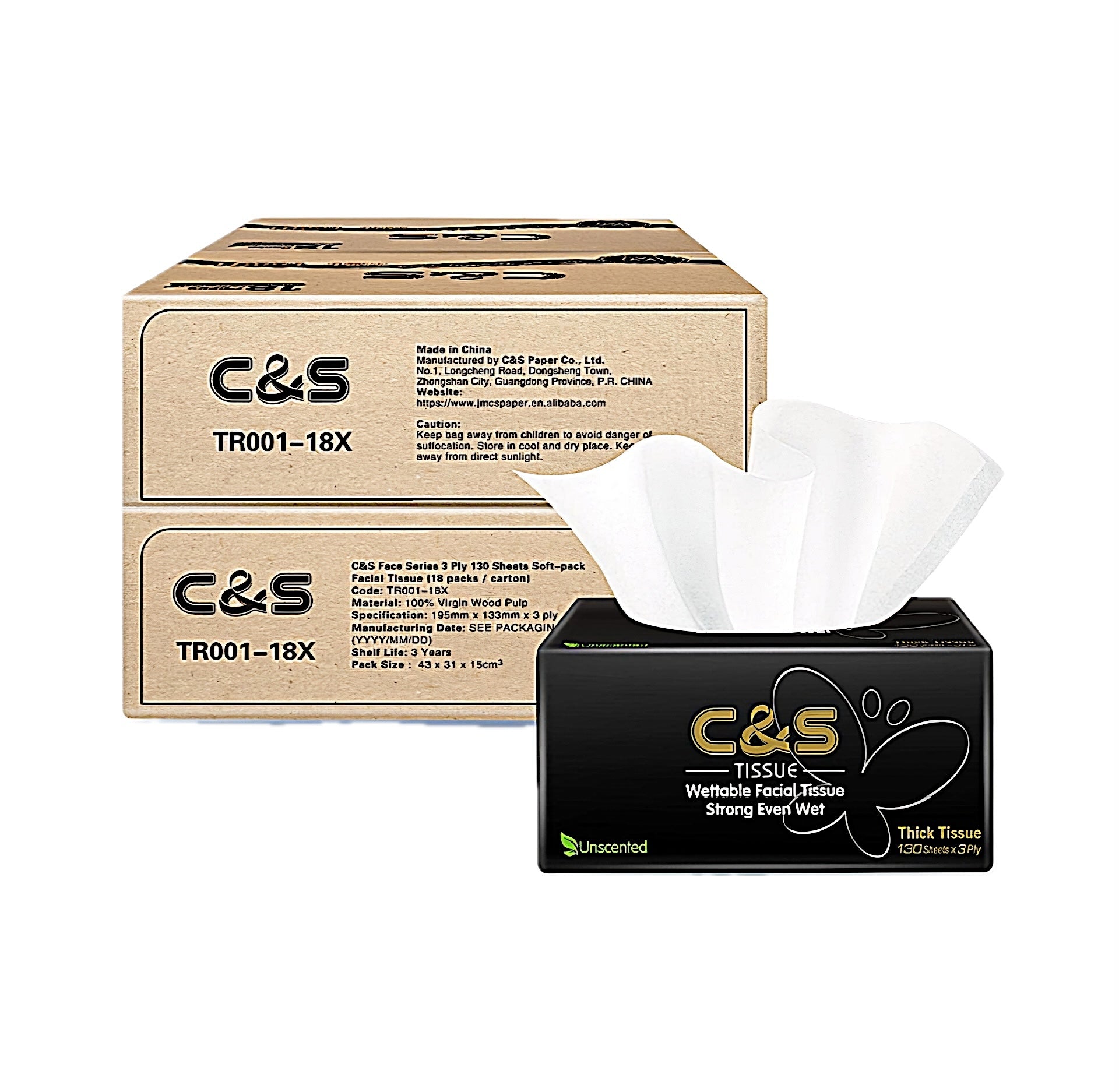 C&S Wettable Unscented Facial Tissues - 3 ply, 18-bags pack
