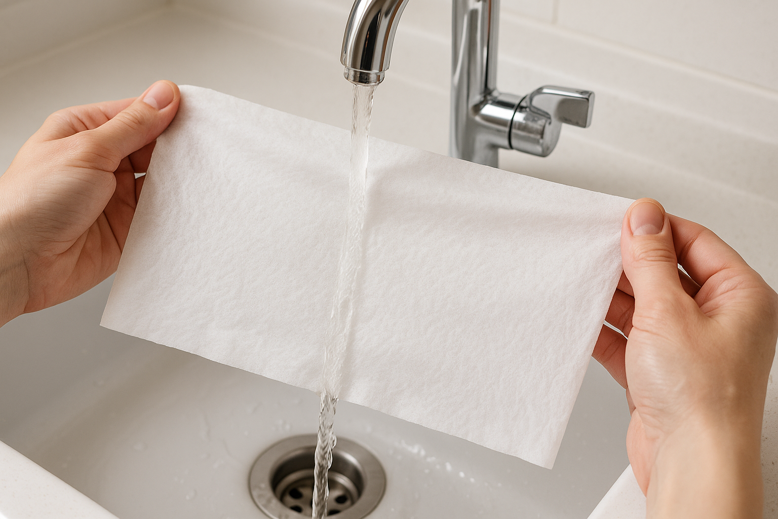 show wet wipe fully unfolded and not breaking in running water